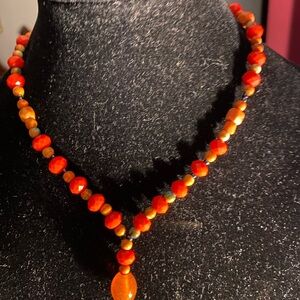 Orange necklace with matching earrings, natural gemstone, jade, handcrafted